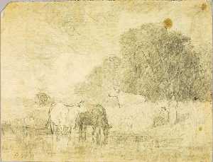 Landscape with Cows at Pond, Two Figures