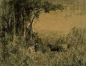 Landscape with Cows and Figures Moving through Pasture
