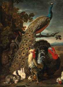 Peacock, Turkey, Rabbits, and Cockerel in a Landscape