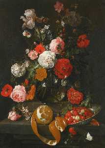 A still life of roses, poppies, lillies and other flowers in a glass vase on a marble shelf beneath a partly peeled orange and fraises de bois in a Wan Li porcelain dish, both on a projecting marble ledge