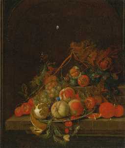 Still life of peaches, grapes, a lemon, oranges and other fruit on a pewter plate resting on a stone ledge with nuts, a grasshopper and a butterfly, all in a niche