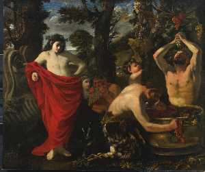 Bacchus supervise le concassage de raisins par son satyres