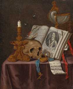 A vanitas still life with a candlestick, a skull, a shell, bubbles, a watch, a portrait of Charles I, and other objects on a draped table