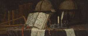 A vanitas still life with celestial and terrestial globes, a pair of dividers, a sextant, an inkwell with a quill and a candle, and a copy of A mathematical compendium, or, Useful practices in arithmetick, geometry, and astronomy, geography and navigation