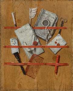 A Trompe L'Oeil Still Life with letters, a magazine, a notebook, a magnifying glass, scissors, a quill, a letter opener and a tortoise shell comb