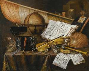 A vanitas still life with books and leaflets, a globe, a princely flag, a musical score, musical instruments and an hourglass on a draped table with a silver tazza, coins, a watch and a purse