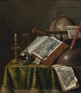 Vanitas still life with a candlestick, books, musical instruments, an astrological globe, a pocket watch, and an hourglass all on a draped table