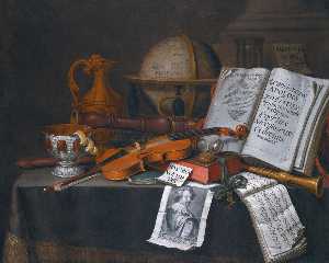 Vanitas still life with a globe, a violin and bow, lemon peel, a recorder, a musical score, an open book, an hour glass and other objects