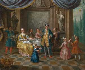 An interior scene with figures seated at a table eating oysters and children playing and blowing bubbles