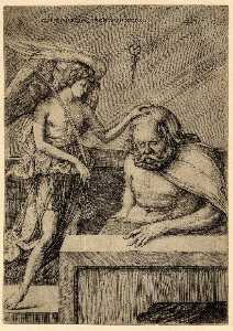 The guardian angel, standing, placing his hand on the head of a sleeping man