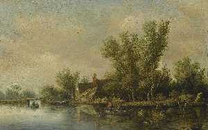 A river estuary with two peasants fishing in a rowing boat near a farmhouse