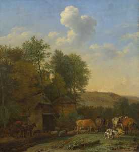 Landscape with Cows, Sheep and Horses by a Barn