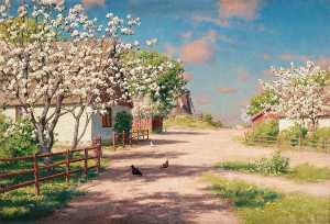Farm with blooming apple trees and windmill