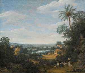 Brazilian landscape with laborers, an armadillo and a tamandua