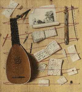 Trompe L'oeil still life with a lute and rebec, music sheets, a print and other objects