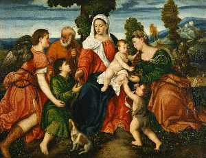 el santo familia enestado Tobias y el Ángel , santa dorotea , Giovannino , y el Milagro de el maiz