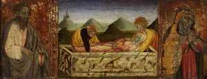el entierro de la virgen , san bartolomé y una mujer santa