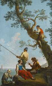 A man fishing on the coast, with a group of other figures at leisure