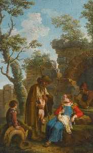 A woman buying a kid goat from a shepherd, with a boy sitting on a saddle and a man smoking a pipe, by a ruin