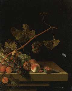 English Still Life with a Melon, Grapevine, Medlars, Apricots, a Peach and a Fig