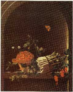 English Still life with asparagus, a spray of gooseberries, a bowl of strawberries and other fruit in a niche