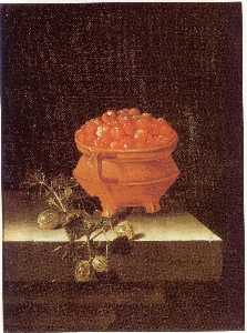 English Still life with a bowl of strawberries and a spray of gooseberries