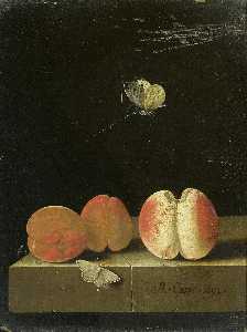 English Still life with peach and two apricots
