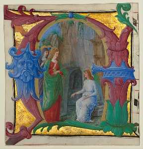 Manoscritto Illuminazione con lestensione Santo Donne al la tomba in un Iniziale Un , da un Antifonario