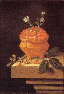 English Still life with a pot of strawberries on a stone table