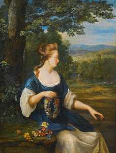 Portrait of a young woman, three quarter length, seated in a landscape holding a floral wreath