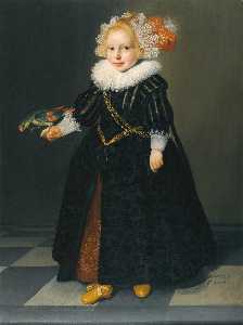 Portrait of a child, aged 2¼, full length standing in an interior, holding a parrot