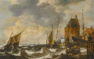 Dutch vessels and a rowing boat on choppy waters by a small harbour town