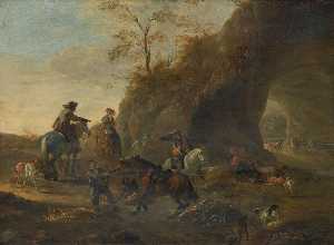 A landscape with horsemen and dogs in the foreground, a herdsman with cattle beneath a natural arch beyond