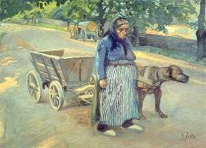 Alte Frau mit Hundefuhrwerk