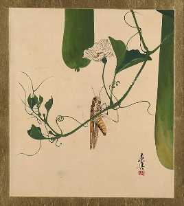 漆 画 的 各种 科目 蚱蜢 在葫芦 藤蔓