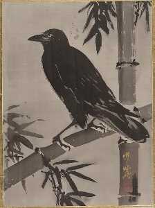 竹 に 鴉 図 Krähe  auf  Ein  bambus  zweig