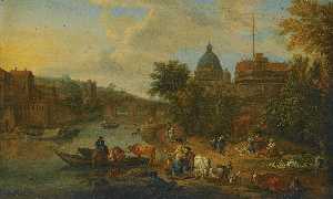 Rome a capriccio view of the Tiber with the Castel Sant'Angelo, peasants with their cattle on the river banks