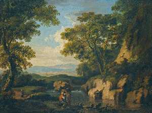 A Mountainous Wooded Landscape with figures by a river in the foreground