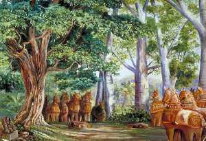 非洲 猴面包树 树 , 一个大的 罗望子 , 神 Aiyanar 和他的  两 妻子
