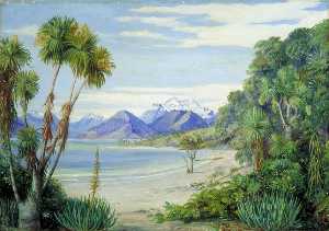 Ansicht von berg earnshaw von dem Insel in see wakatipe , neuseeland ( see wakatipu )