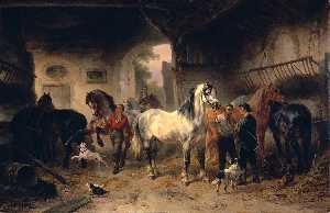 Interior of Barn with Horses and Figures