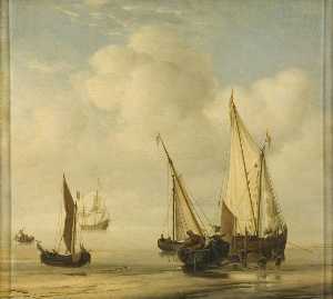 一个 'Smalschip' 与 帆集 在 锚 关闭  到 岸 ,  和 'Boier' 铺设 岸上