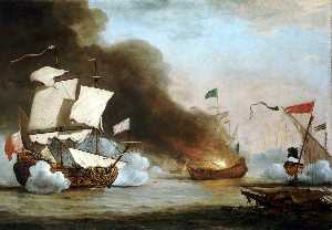 un inglese Nave in azione con barbary corsairs , c . 1680