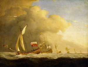 Английский королевские яхты в море , в сильный ветер в компании с a корабль Улетающих на королевский стандарт