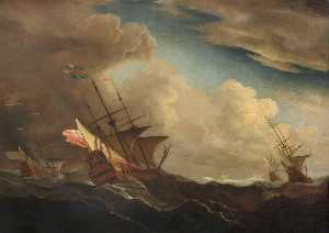Английский Корабли в море Битье наветренной в Буря