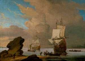 Seascape, Ships and Boats in a Calm off a Rocky Shore