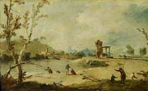 River Landscape with a Ruined Tower and a Distant Village