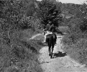 Couple carrying home groceries, kerosene on horseback. Kentucky Mountains