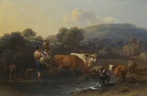 农夫 与  牛  涉水  一个  溪水