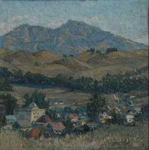 村庄 场景 与  山  在  的  距离  绘画